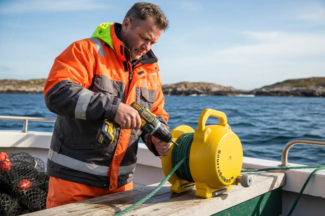 SnurreSniken™ Ekstrem i aksjon - gul automatisk taukveile som kan brukes med sveiv eller drill for effektiv oppkveiling av tau etter fisketur