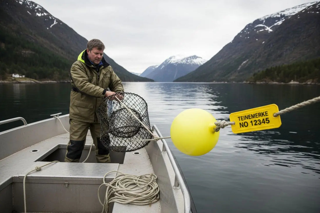 Fritidsfisker merker teine med navneskilt – riktig merking av fiskeutstyr sikrer lovlig og trygt fiske