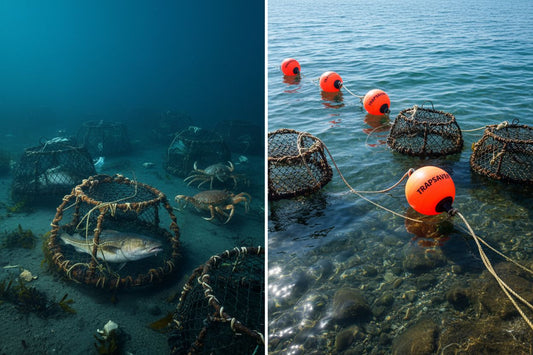 Spøkelseteiner på havbunnen kontra teiner merket med TrapSaver bøyer - illustrasjon av hvordan unngå spøkelsesfiske i norske farvann