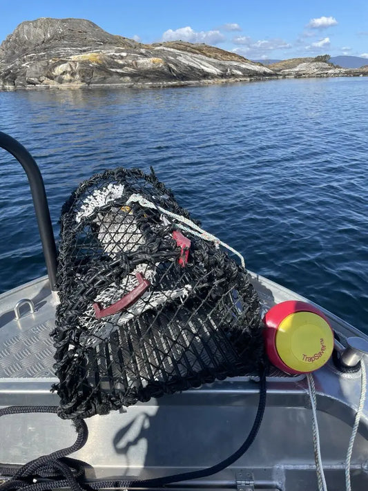 TrapFinder™ 20 cm montert på teine - kompakt gul sikkerhetsbøye som hjelper fiskere finne tapte teiner og forebygge spøkelsesfiske