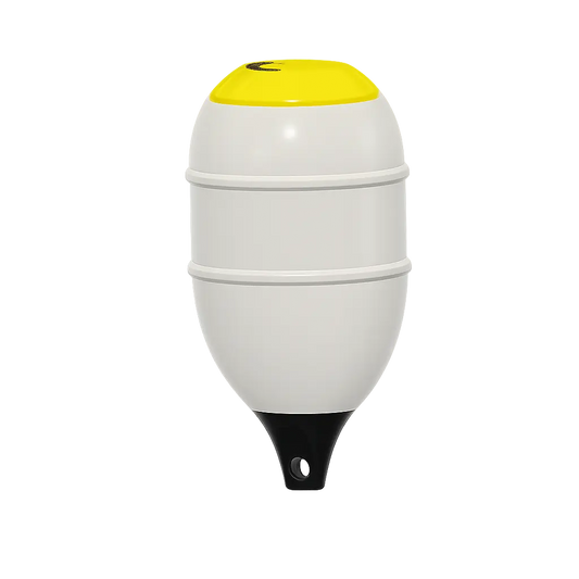 TrapSaver oval bøye i hvit og gul, utviklet for sikker, synlig og pålitelig bruk for all fiske.